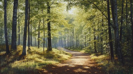 Fototapeta premium Sunny footpath winding through a lush deciduous forest in spring, framed by vibrant green trees and soft morning light illuminating the scenery.