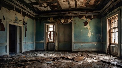 Obraz premium Forgotten Elegance, Decaying Interior of an Abandoned Room with Faded Turquoise Walls V5