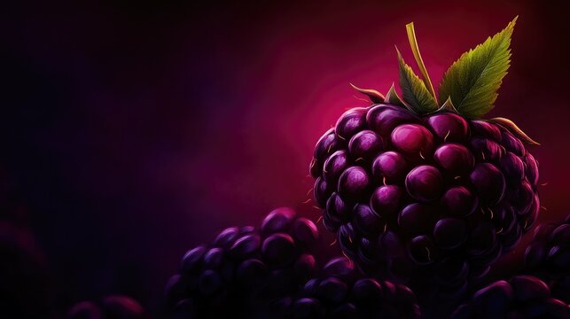 Ripe blackberry adorned with a vibrant green leaf, set against a soft gradient background for an enticing visual appeal.