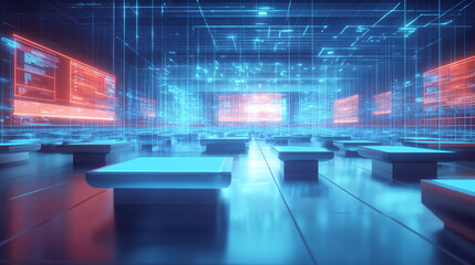 Fototapeta premium **Floating Desks in a Vast Conference Hall with Digital Screens Streaming Holographic Presentations 