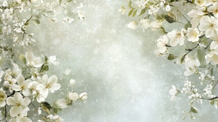 Elegant frame design adorned with delicate white spring flowers, perfect for invitations or greeting cards, featuring generous copy space for personalized messages.