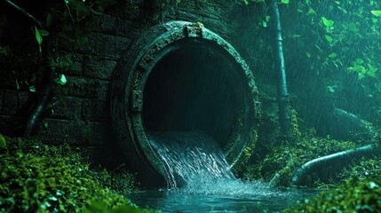 Mysterious old storm sewer with a flowing spring drain, surrounded by lush greenery and dimly lit by rain, creating an atmospheric and serene setting.