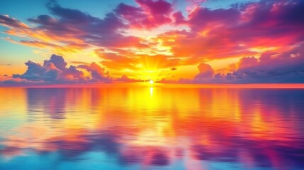 Fototapeta premium Vibrant sunrise over a calm sea with colorful clouds reflected in the water.