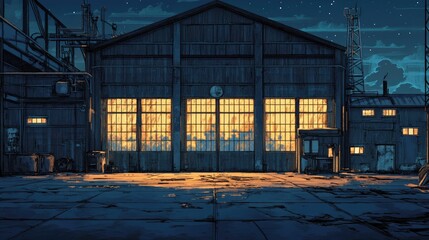 Deserted industrial warehouse at night with glowing windows, showcasing a tranquil yet eerie ambiance in a dimly lit exterior setting.