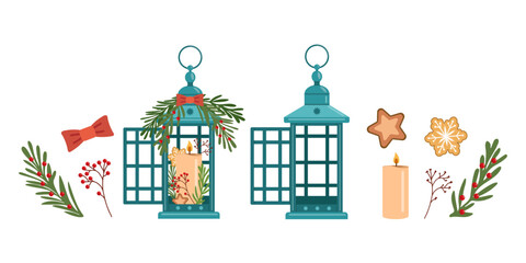 Elements set, winter christmas lanterns and holiday decor.  Merry holiday elements set.