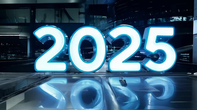 Futuristic city skyline with neon 2025 sign, nighttime digital concept