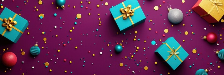 Simple festive icons scattered on Plum Purple background with Bright Gold, Teal Blue, and Cherry Red and accents of Charcoal Gray shadows and Light Gray emboss 