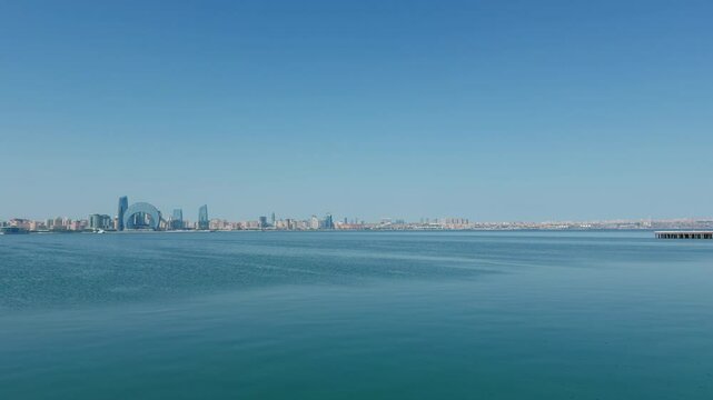 Wide Angle Bay of Baku City at Caspian Sea, Sunny Day