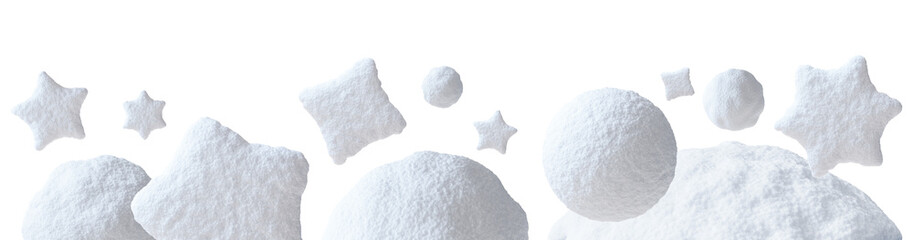 Snow elements footer, on transparent background. Ideal for use in winter-themed designs, digital art, holiday promotions, seasonal graphic projects. Snowy stars, balls. Bottom border. 3D.