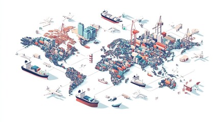 Isometric global supply chain and logistics business isolated on white background
