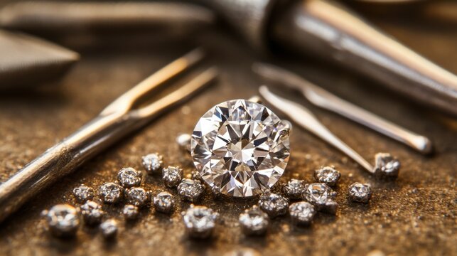 Close-Up of a Sparkling Round Cut Diamond Engagement Ring Surrounded by Small Gems and Jewelry Tools on a Rustic Workbench Surface