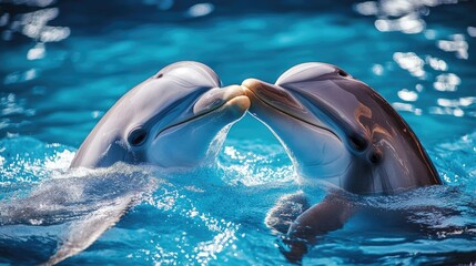 Two Dolphins Kissing in the Ocean