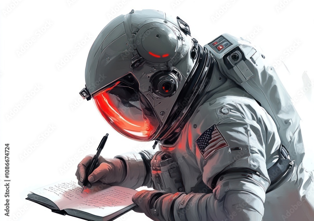 Fototapete an astronaut in a spacesuit writes in a notebook, highlighting exploration and discovery.