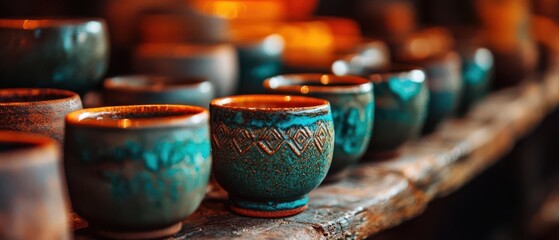 Fototapeta premium Handcrafted ceramic cups with intricate designs on a rustic wooden shelf.