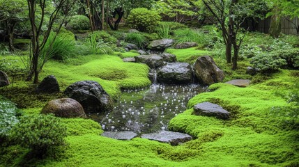 Tranquil Japanese Garden Scene Featuring Lush Green Moss, Serenity of Water Flowing Over Rocks, and Natural Beauty of a Peaceful Landscape