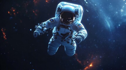 An astronaut floats in the vastness of space, surrounded by a stunning cosmic backdrop of stars and galaxies.