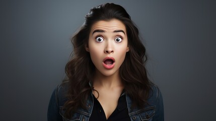 Fototapeta premium portrait of Surprised, shocked, excited Caucasian young adult woman with open mouth isolated on grey background. Winner concept, celebration for deal, retail sale, discount news, unexpected prize