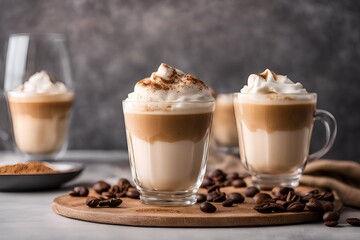 High-quality image of dalgona coffee with frothy whipped coffee on top of cold milk in a clear glass. Soft lighting to create a cozy, inviting atmosphere.