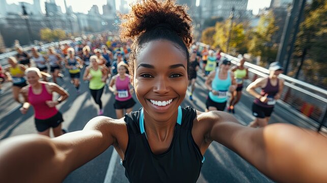 A joyful Black woman takes a selfie during a vibrant running event, surrounded by enthusiastic participants in colorful athletic wear.