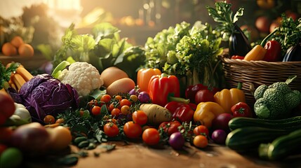 A vibrant assortment of fresh vegetables including bell peppers, cucumbers, and tomatoes, beautifully arranged on a rustic wooden surface.