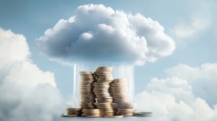 A glass jar filled with coins under a cloud, symbolizing financial growth and opportunities.