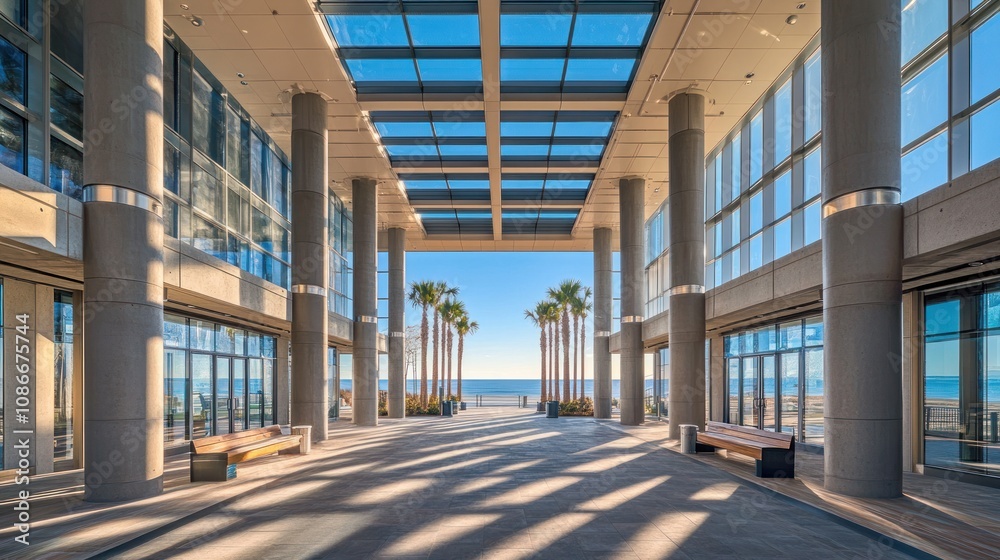 Aufkleber modern architectural space with large windows, palm trees, and ocean view.