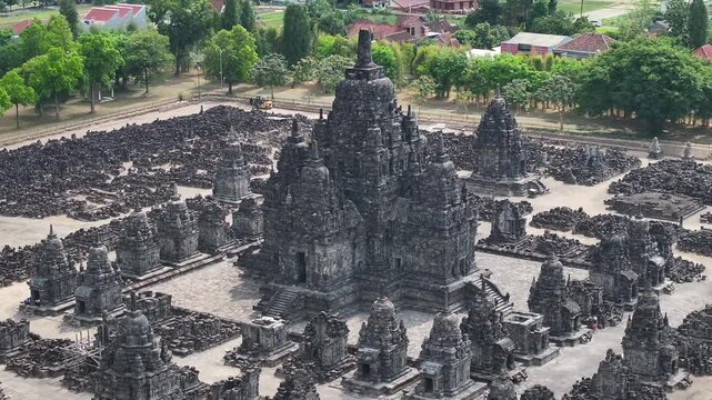 Sewu Temple in Yogyakarta. Ancient ruins of old Hindu Temple. Aerial of historical landmark, cultural heritage.