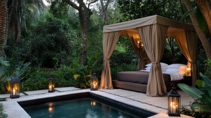 Tranquil Outdoor Canopy Bed in Lush Garden with Lanterns and Pool, Perfect for Relaxation and Escape into Nature's Serenity