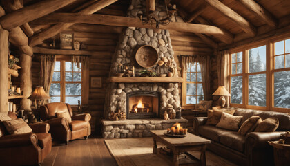 Rustic cabin interior with fireplace, large windows and wood and stone walls. 