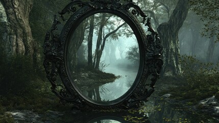 Enchanting Forest Reflection in an Ornate Mirror: A Mystical Landscape Captured in a Lush Green Environment with Fog and Serene Water Setting