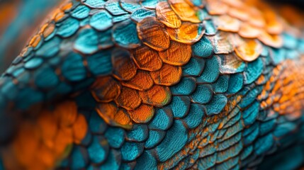 Close-Up of Vibrant Blue and Orange Scales on a Reptile Highlighting Intricate Textures and Patterns Perfect for Nature and Wildlife Enthusiasts