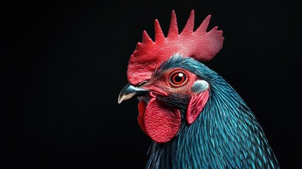 Close-Up Portrait of a Rooster with Striking Blue Feathers and Red Comb