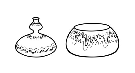 Contoured black and white illustration of vases, hand-drawn, isolated on a white background, vector. A decorative element for interior decoration, decor, decoration. An empty flower jug.