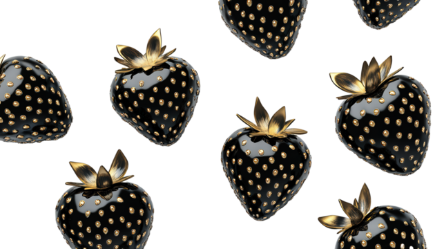  Glamorous black gold strawberry on transparent on white background.