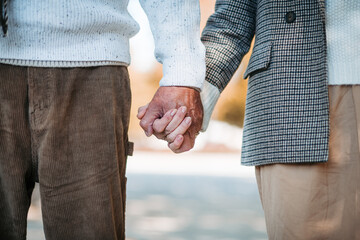 Close up of holding hands of senior couple during walk in autumn park.