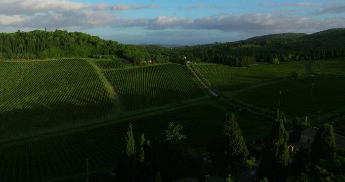 Abbey Of San Michele Arcangelo Clock Tower In Passignano, Province of Florence, Italy. Aerial Pullback Shot