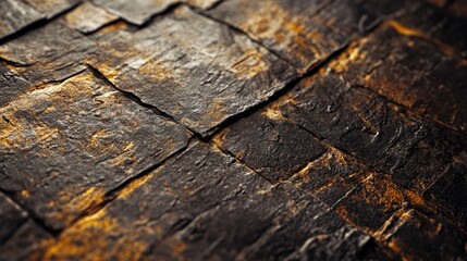 Obraz premium Textured Close-Up of Dark Brown Natural Stone Tiles with Warm Golden Highlights, Perfect for Backgrounds or Interior Design Inspiration
