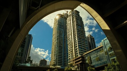 Naklejka premium Modern Urban Architecture with Tall Skyscrapers against a Blue Sky and Fluffy Clouds, Framed by a Unique Arch Structure in an Urban Setting