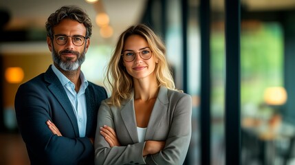 Business professionals posing confidently in modern office setting, businessperson with copy space for text, company CEO