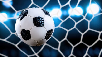 Fototapeta premium Close-up of classic black and white soccer ball in mid-flight against goal net backdrop. image highlights texture and stitching, enhanced by vibrant bokeh lights. perfect for sports promotions.