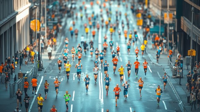A vibrant scene of diverse marathon runners in colorful attire racing through a bustling city street.