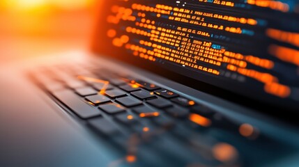 Close-up of laptop keyboard illuminated by warm light its sleek design. screen features swirling orange binary code, symbolizing digital innovation.