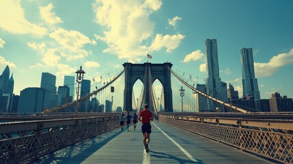 Fototapeta premium Runners on the iconic Brooklyn Bridge against a vibrant sky showcasing NYC's skyline.