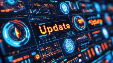 Obraz premium Dynamic digital display features futuristic interface with vibrant orange update text on blue and black panels, glowing icons and datvisualizations. ideal for tech projects and presentations.