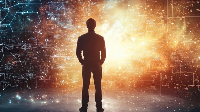 A young male figure gazes at a cosmic display of stars and equations, embodying curiosity and wonder in a universe of knowledge.