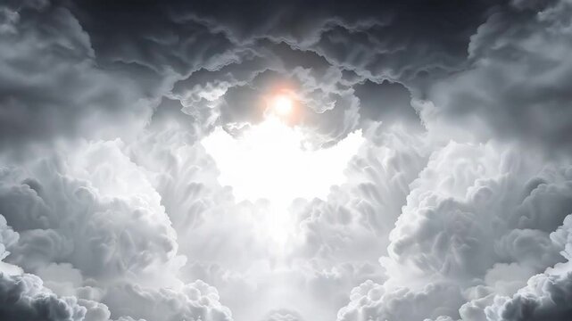 A dramatic sky filled with dense clouds, with light breaking through a central opening.