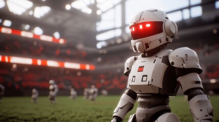 Fototapeta premium High-tech stadium humanoid robots, with one sleekly designed robot in the foreground, illuminated by red eyes.