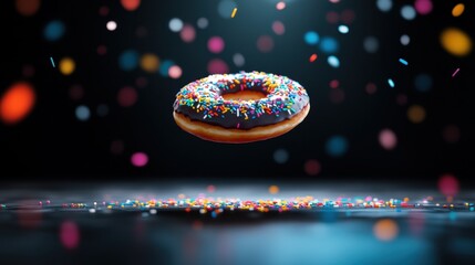 Image of chocolate-covered donut floating against dark background, adorned with colorful sprinkles, creating festive and playful atmosphere. perfect for food marketing and celebrations.