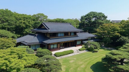 Elegant Traditional Japanese House Surrounded by Lush Greenery and Scenic Garden in Bright Clear Sky, Showcasing Unique Architectural Design and Natural Beauty