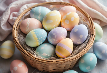 Obraz premium Wicker Basket Filled with Pastel Easter Eggs